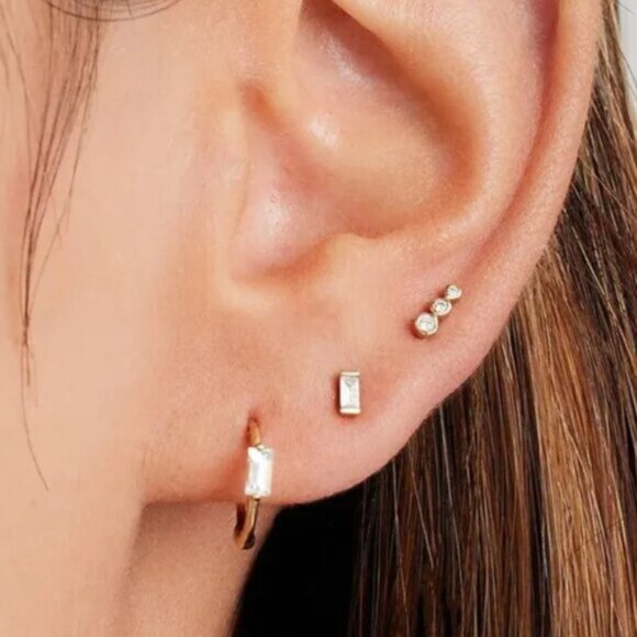 CUTE Climber Stud Earrings Cubic Zirconia Bezel 14K Gold Plated Hypoallergenic - Picture 10 of 13